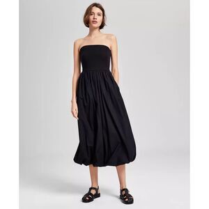 Strapless Black Bubble Hem Midi Dress XS Mixed Media Silky Party Cocktail NWT